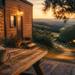 tiny house perigord noir au crépuscule, terrasse bois et nature paisible