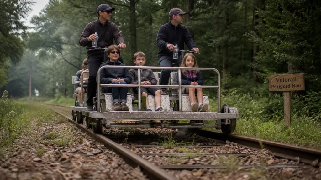 Vélorail perigord noir en famille sur les rails, sous-bois du Périgord noir