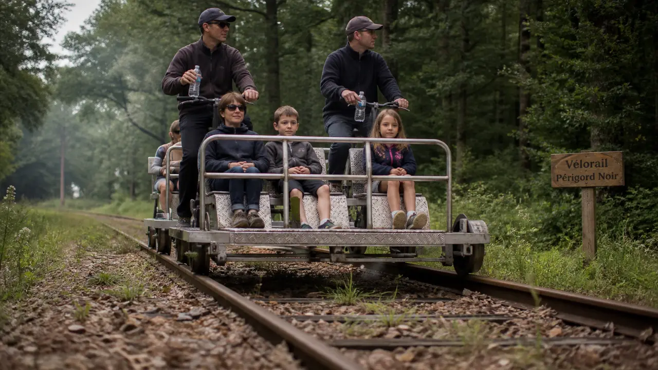Vélorail perigord noir en famille sur les rails, sous-bois du Périgord noir