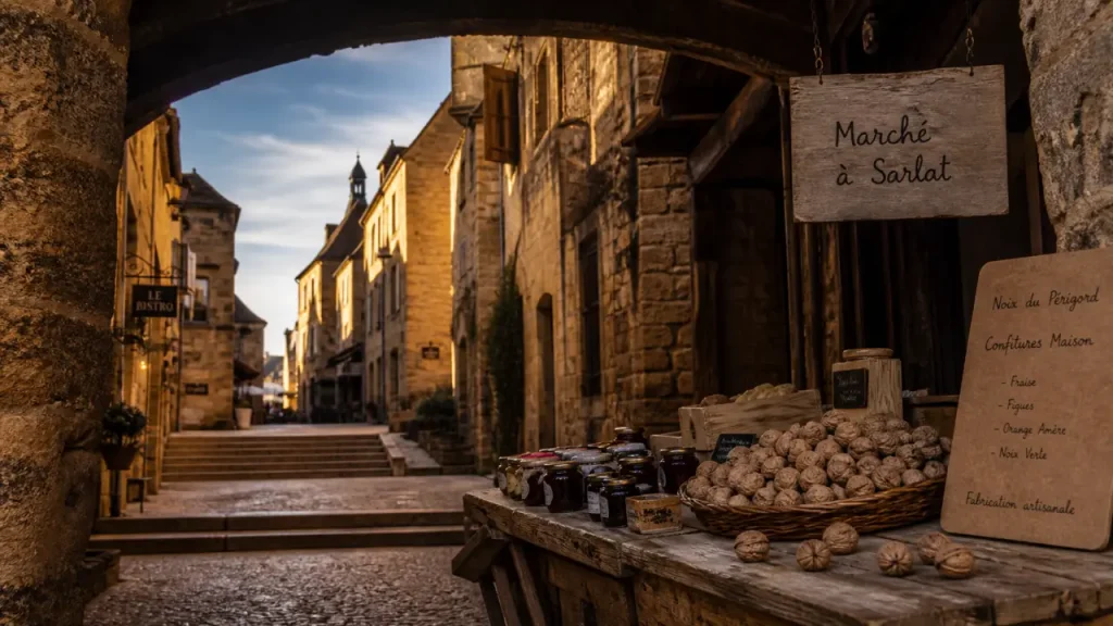 Visiter Sarlat : ruelle médiévale au marché, pierres et façades Renaissance