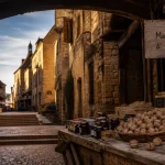 Visiter Sarlat : ruelle médiévale au marché, pierres et façades Renaissance