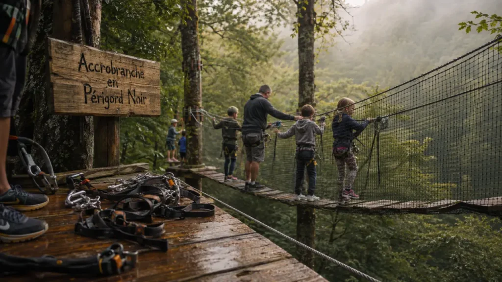 Accrobranche perigord noir : harnais et passerelle suspendue en forêt