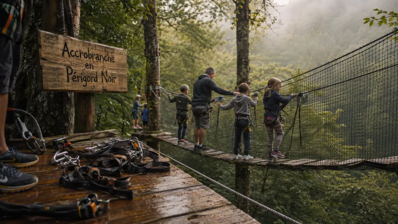 Accrobranche perigord noir : harnais et passerelle suspendue en forêt