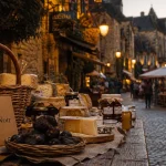 Agenda perigord noir : marché gourmand à Sarlat, ruelle pavée au coucher du soleil