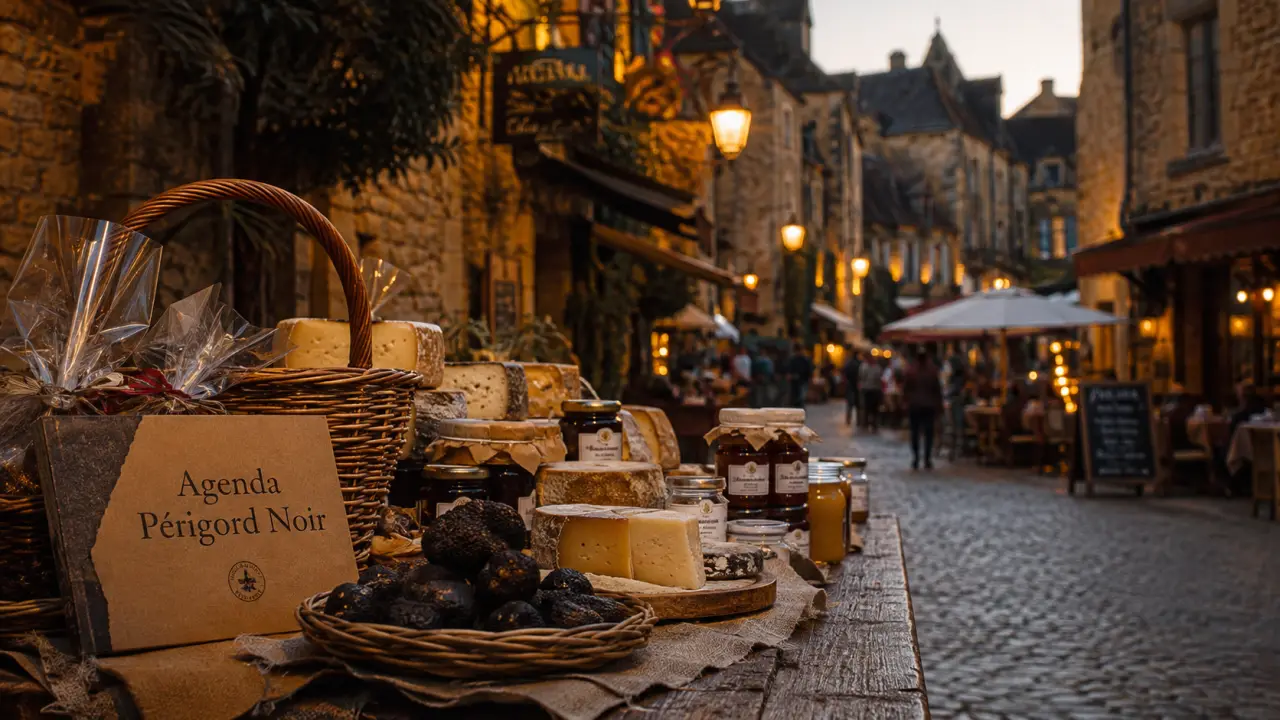 Agenda perigord noir : marché gourmand à Sarlat, ruelle pavée au coucher du soleil