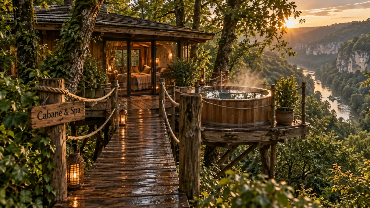 Cabane dans les arbres dordogne avec spa privatif en forêt