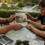 Campings à Dordogne - Périgord : terrasse avec plan et piscine chauffée près de Sarlat
