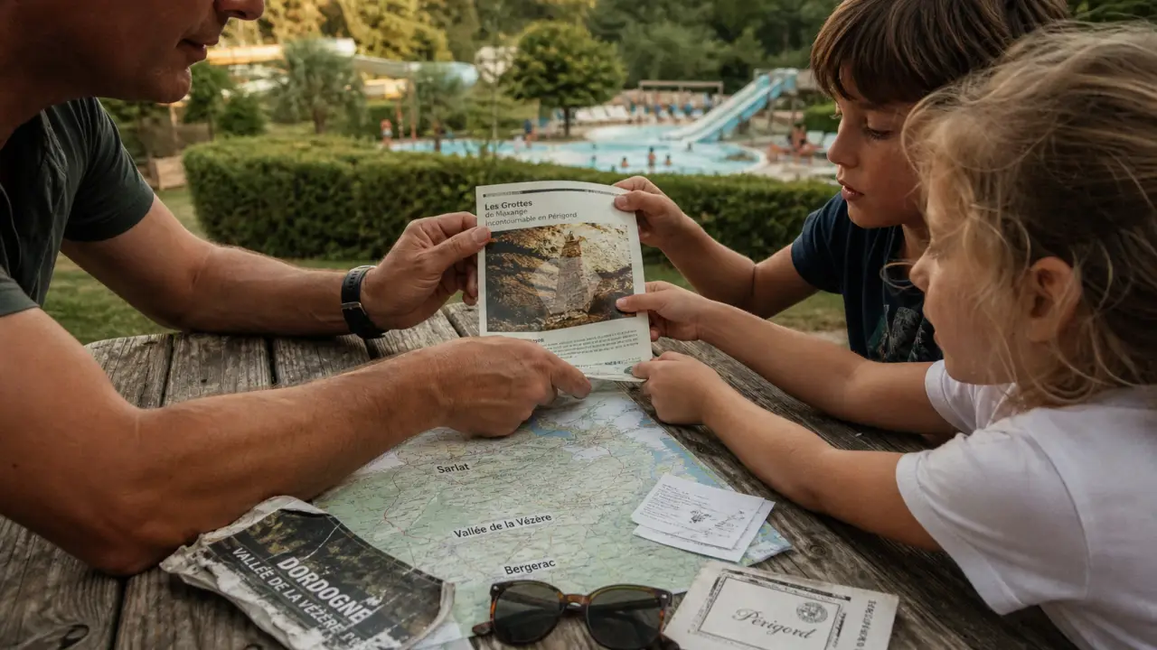 Campings à Dordogne - Périgord : terrasse avec plan et piscine chauffée près de Sarlat