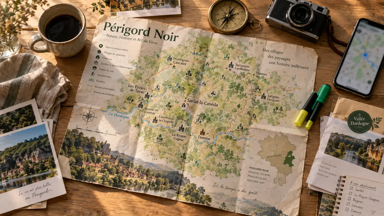Carte perigord noir tourisme, repères géolocalisés sur papier