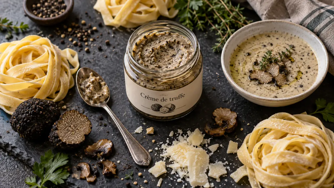 Crème de truffe hors du feu, pot et tagliatelles