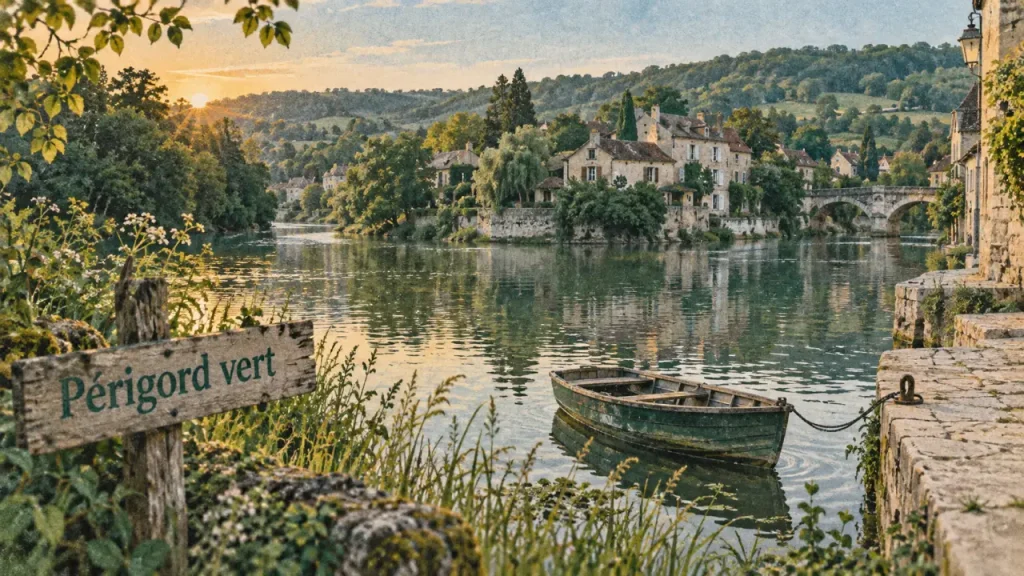 dordogne périgord vert, barque sur la Dronne au bord de l’eau
