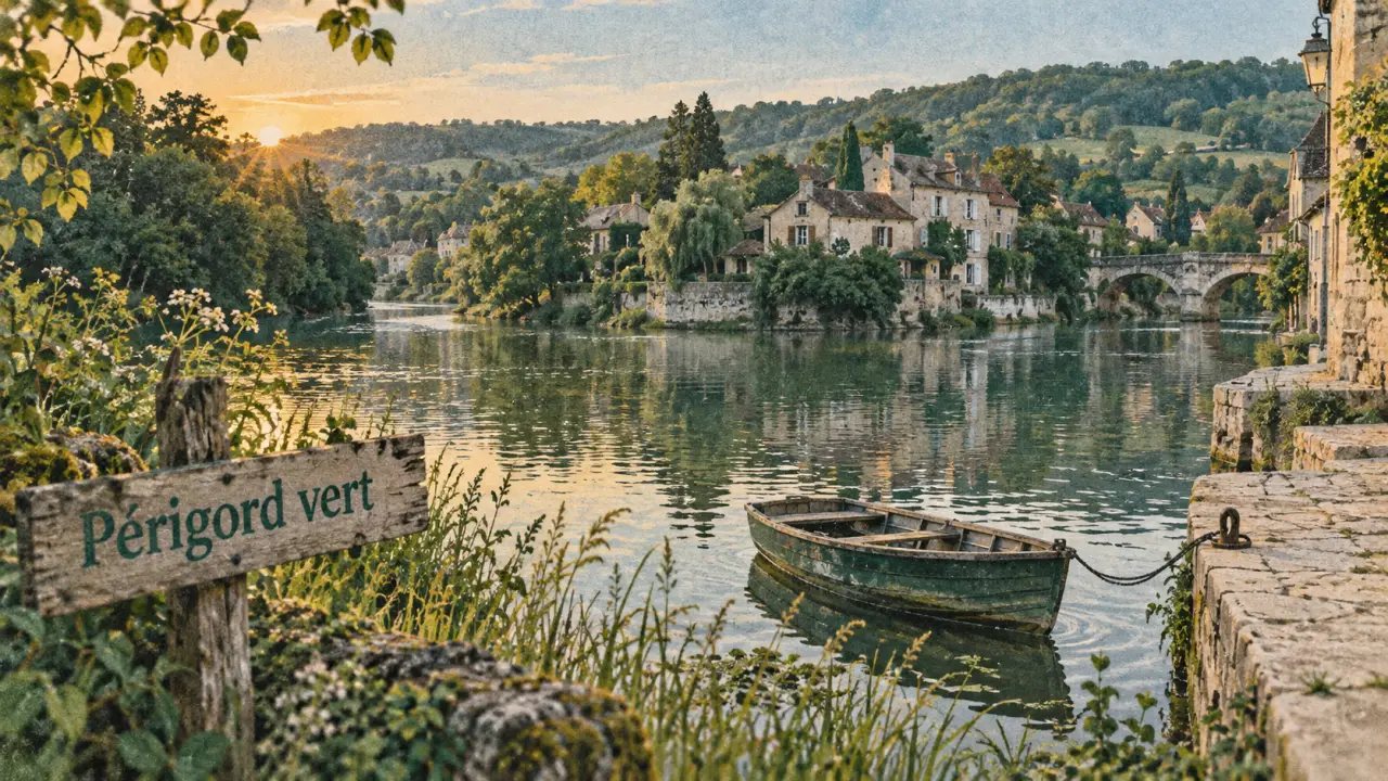 dordogne périgord vert, barque sur la Dronne au bord de l’eau