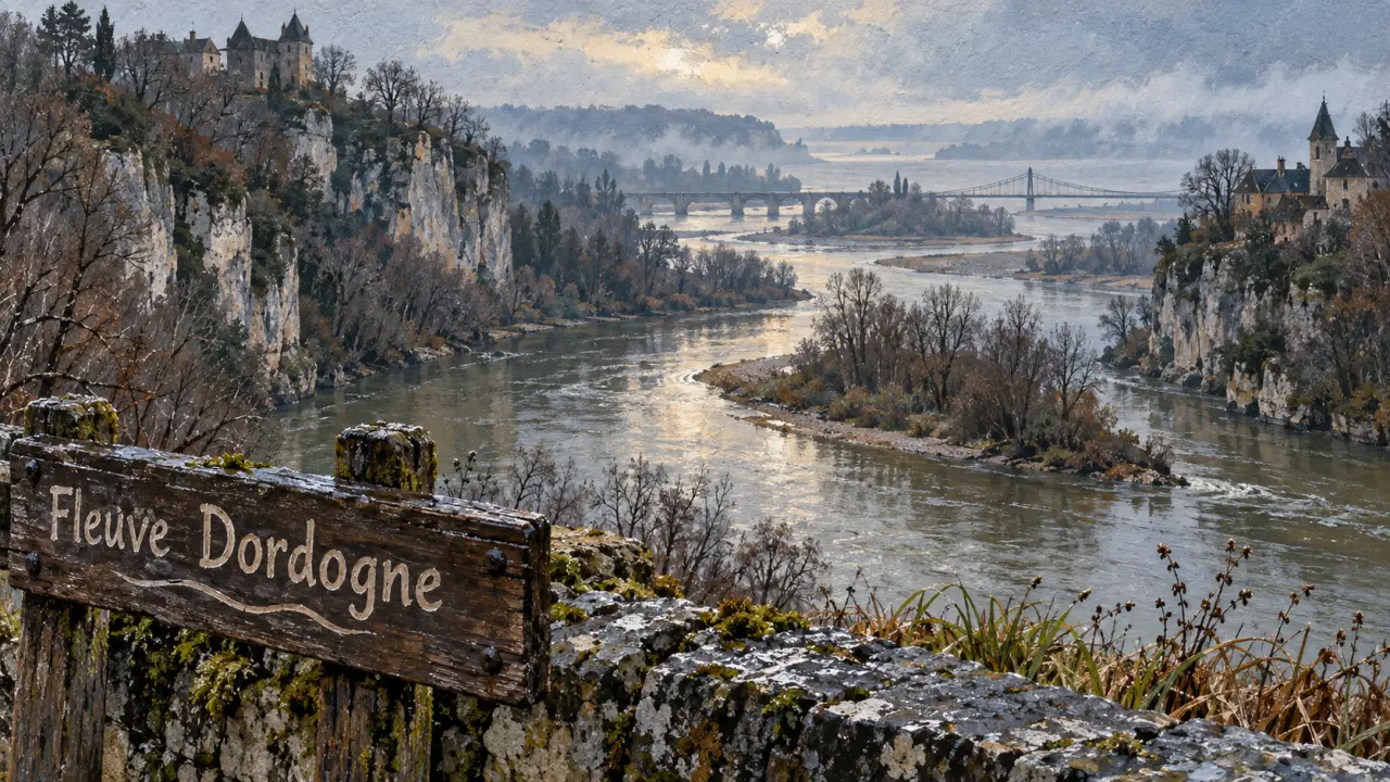 Dordogne rivière, fleuve entre falaises et confluence vers la Gironde