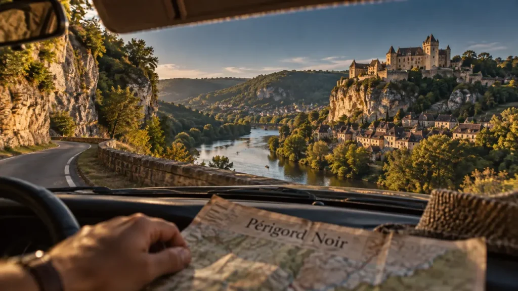 Dordogne tourisme Perigord Noir : route et château médiéval au bord de la Dordogne