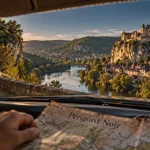 Dordogne tourisme Perigord Noir : route et château médiéval au bord de la Dordogne