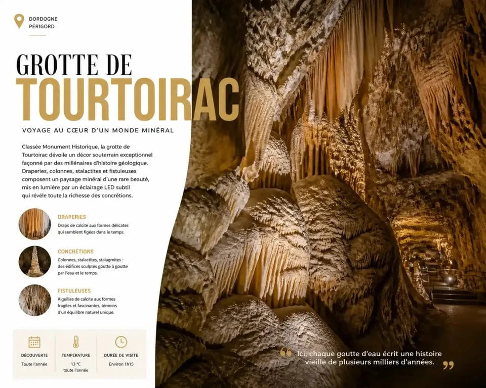 Vue intérieure des concrétions calcaires et fistuleuses de la grotte de Tourtoirac en Dordogne