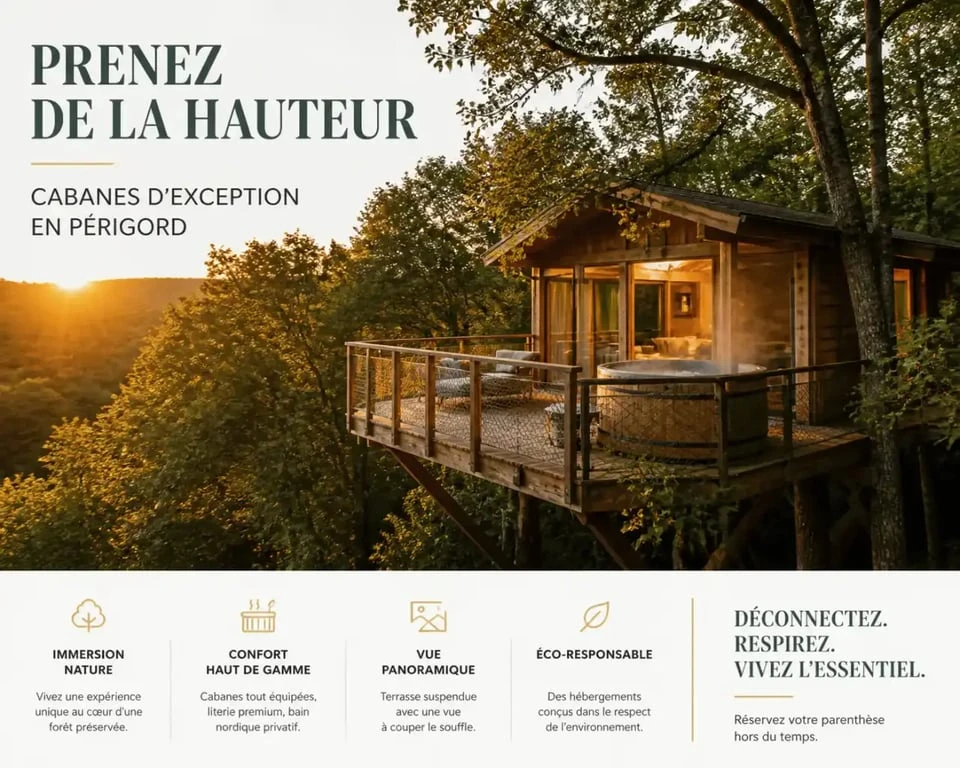 Cabane dans les arbres en Dordogne avec spa privatif et vue sur la forêt