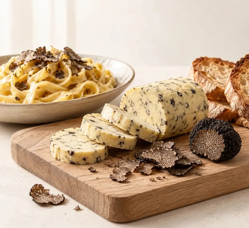 Beurre truffé maison en rondelles servi avec des tagliatelles et du pain grillé