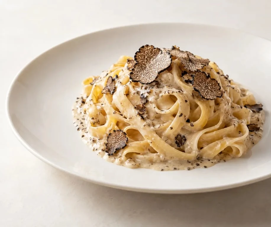 Sauce aux truffes crémeuse servie sur des tagliatelles fraîches