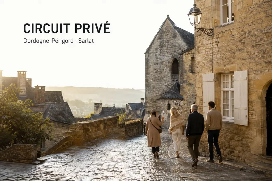 Circuits privés à Dordogne Périgord dans les ruelles médiévales de Sarlat avec un petit groupe accompagné d’un guide