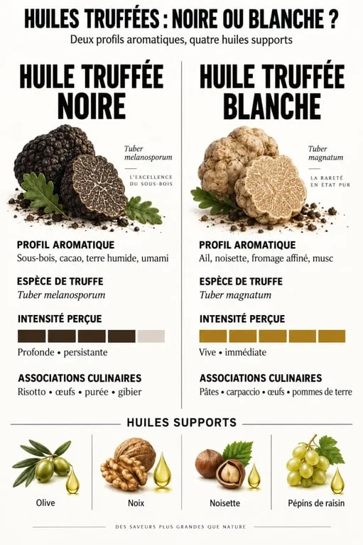 Huile truffée noire ou blanche : comparaison des arômes et des huiles supports
