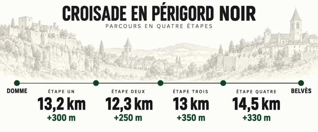 Étapes, distances et dénivelés de la Croisade en Périgord Noir
