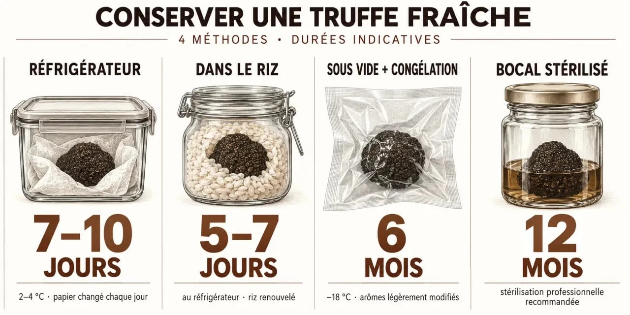 Infographie des méthodes de conservation truffe : réfrigérateur, riz, congélation et stérilisation