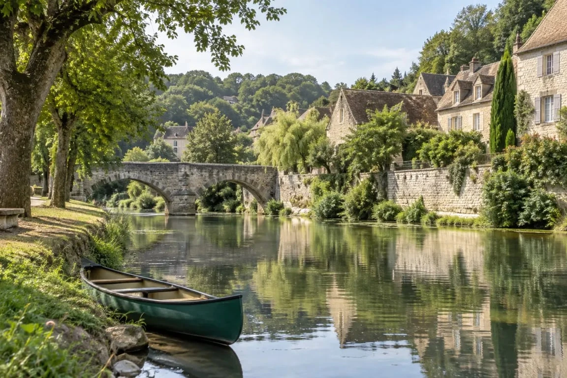 Village au bord de la Dronne dans le Périgord vert, entre patrimoine et activité nautique