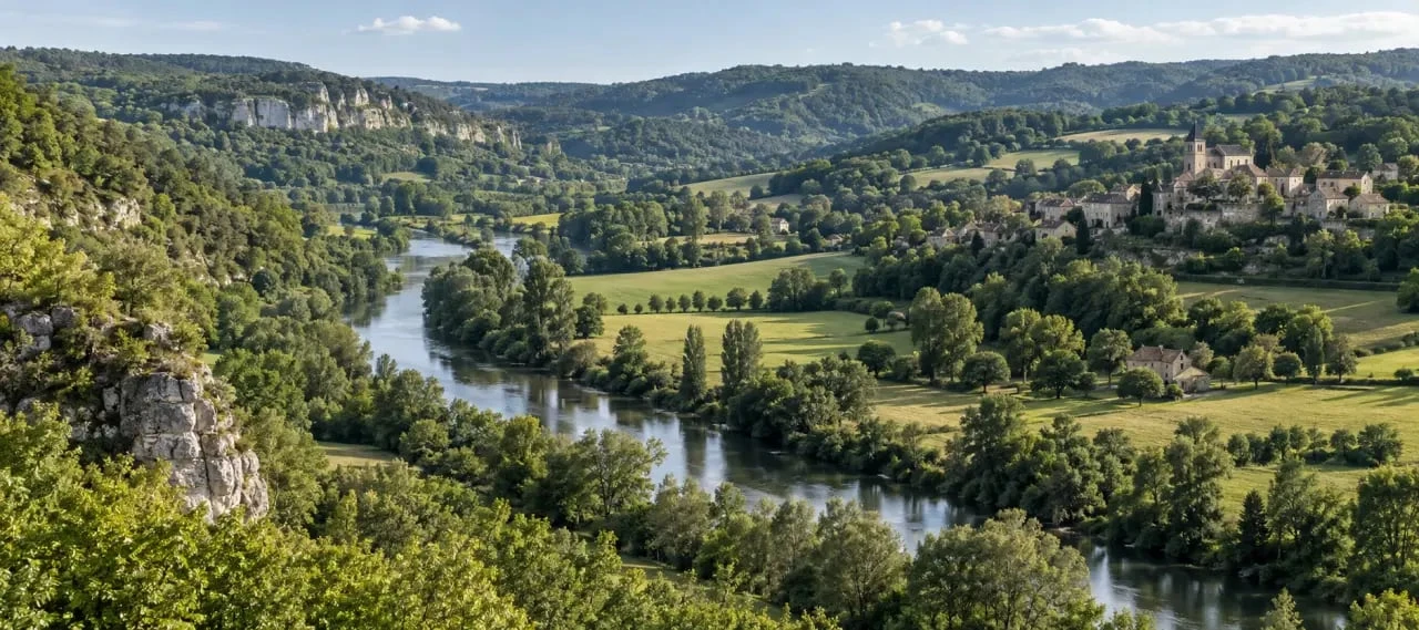 Paysage verdoyant du Périgord vert en Dordogne entre rivière, forêts et villages