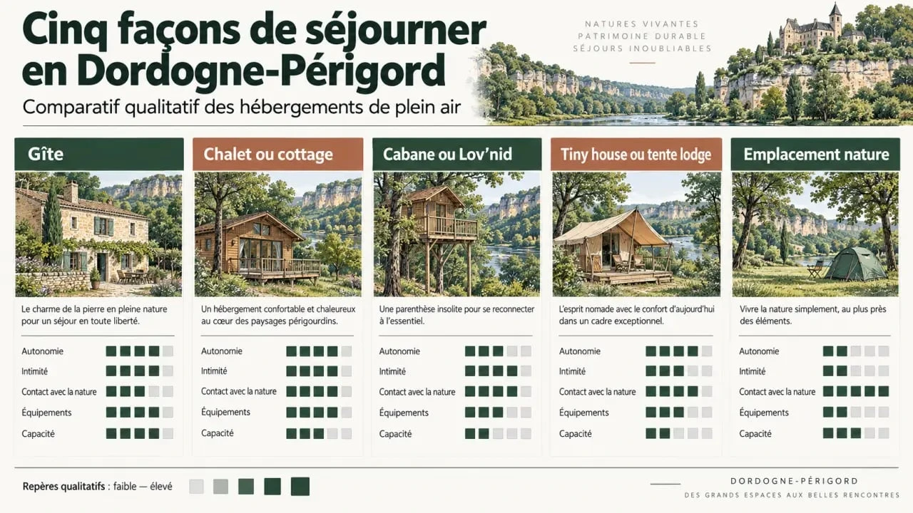 Autres hébergements à Dordogne-Périgord : comparaison visuelle entre gîte, cabane, tiny house, chalet et emplacement nature