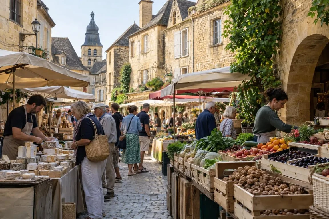 Marché de Sarlat Dordogne dans les ruelles de la cité médiévale