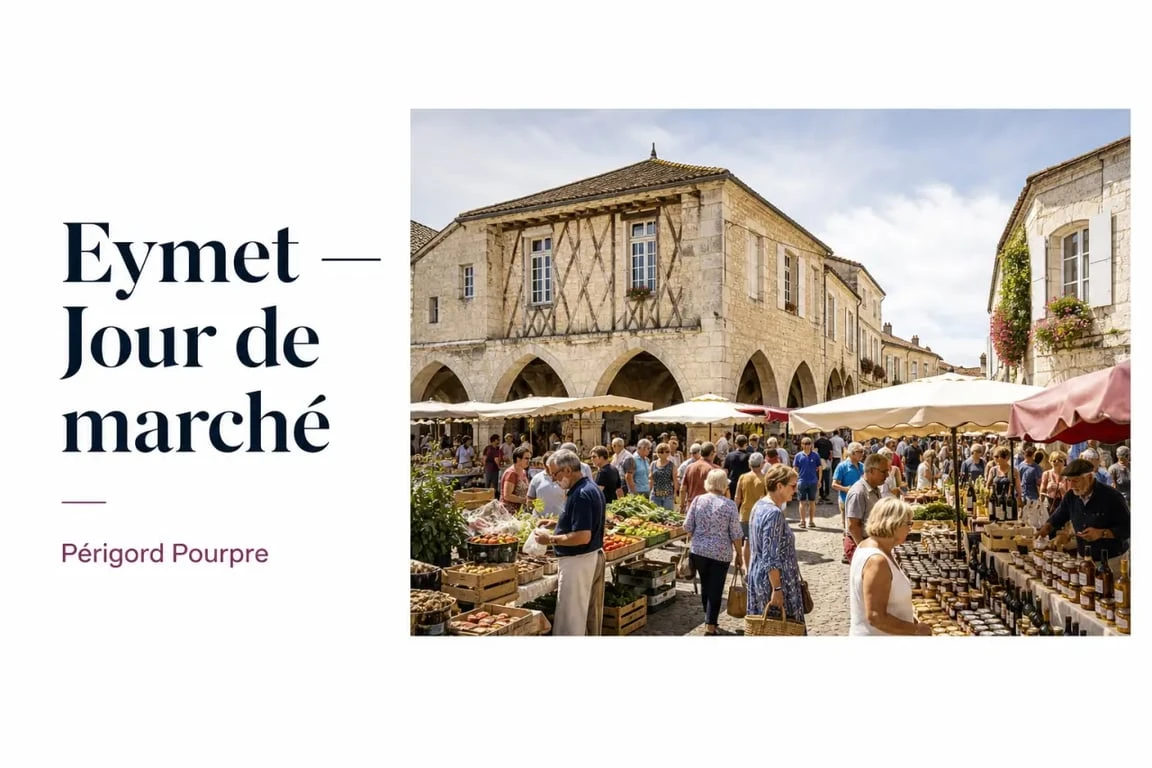 Bastides dordogne périgord : Eymet et son marché sur la place centrale