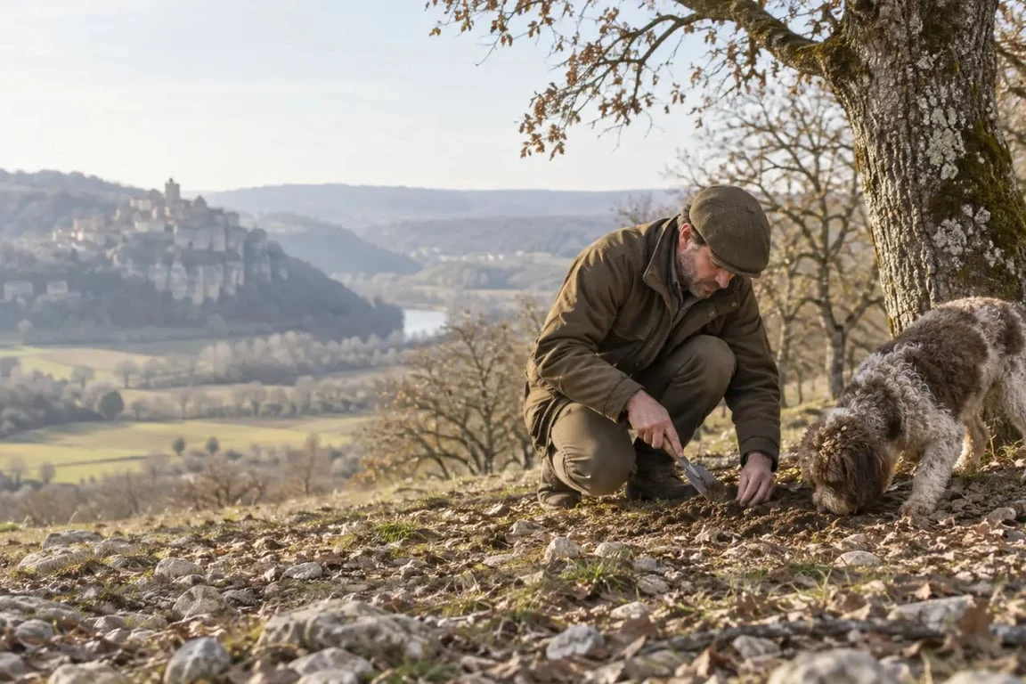 Cavage de truffe en Dordogne avec un chien truffier dans une truffière du Périgord