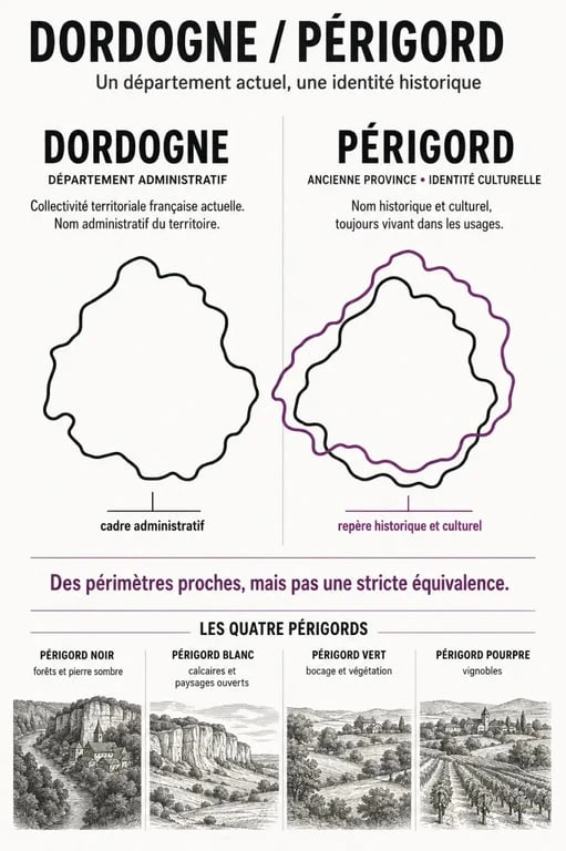 Infographie sur la différence entre Dordogne et Périgord et les quatre couleurs du Périgord