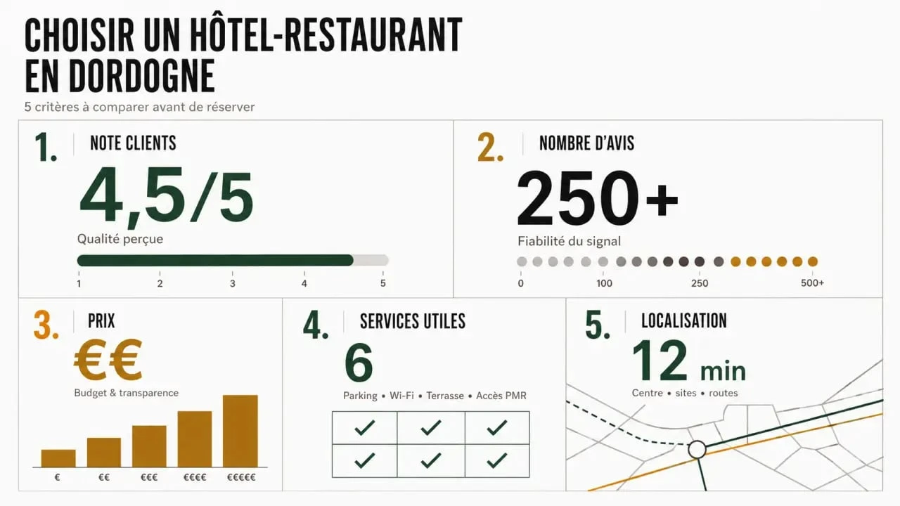 Hotels restaurants en Dordogne : infographie éditoriale des critères de comparaison