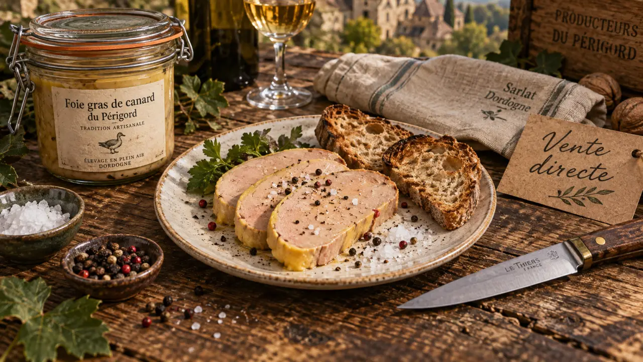 Foie gras de canard dordogne : tranches sur table, vente directe