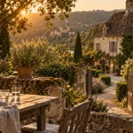 gite dordogne perigord noir : terrasse et jardin en pierre au golden hour