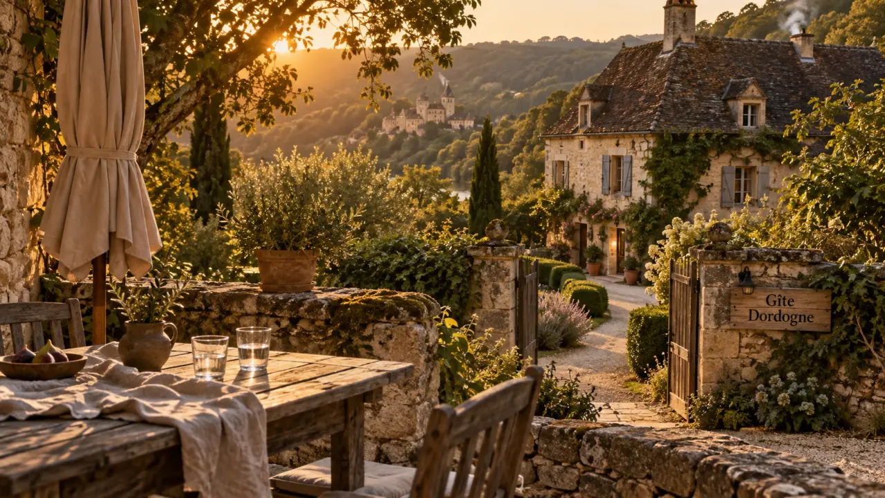gite dordogne perigord noir : terrasse et jardin en pierre au golden hour