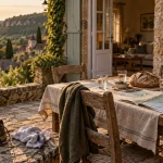 gite perigord noir 4 personnes : terrasse en pierre, table et vue nature