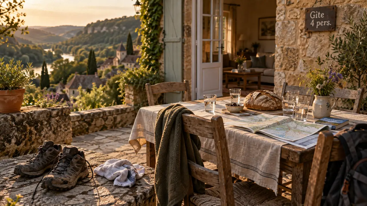 gite perigord noir 4 personnes : terrasse en pierre, table et vue nature