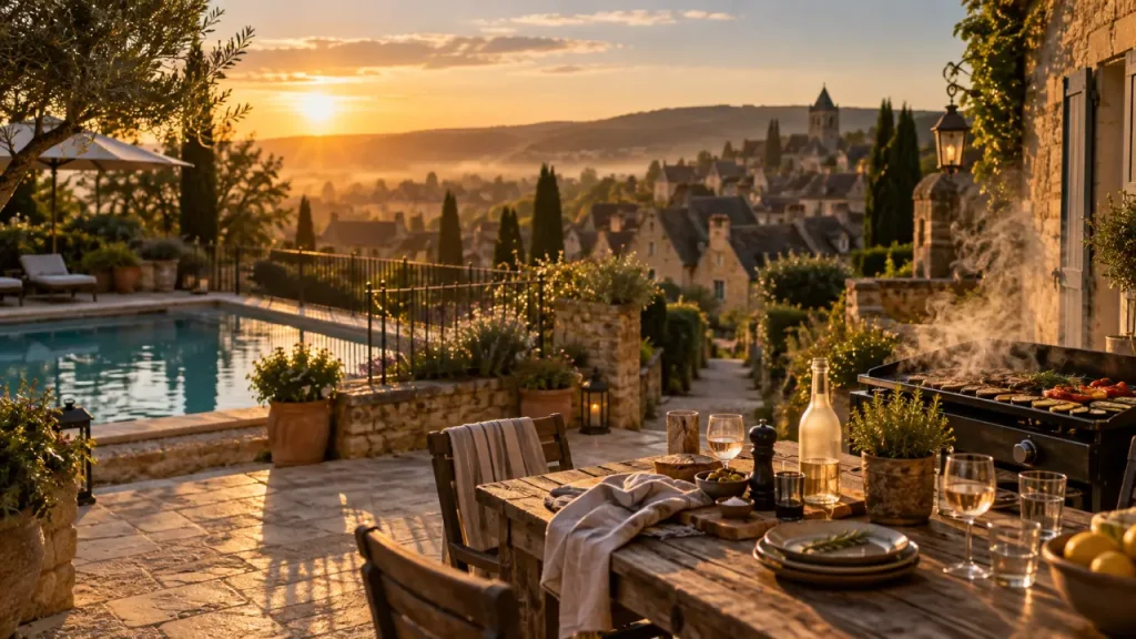 Gîte perigord noir sarlat : terrasse, piscine et vue Sarlat au golden hour