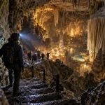 Gouffre perigord noir : entrée de grotte, escalier humide et lampe frontale