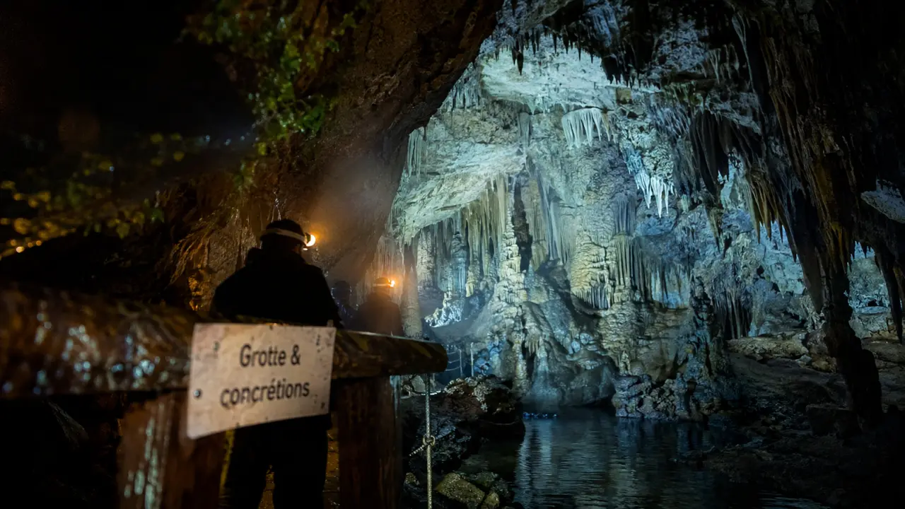 Grottes perigord noir : entrée de grotte et gouffre éclairé