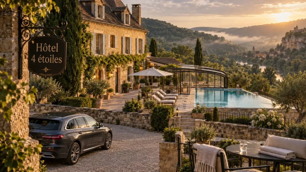 hotel 4 etoiles perigord noir près de Sarlat, façade et piscine