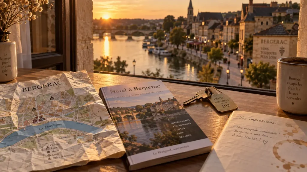 Hotel a bergerac dordogne : carte et clé sur table, vue Dordogne