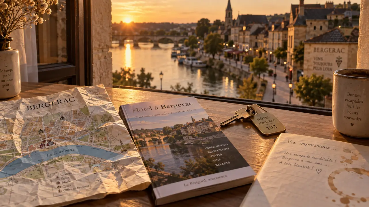 Hotel a bergerac dordogne : carte et clé sur table, vue Dordogne