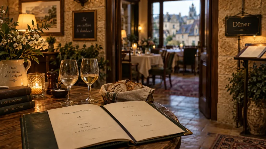 hotel demi pension perigord noir : menu dîner sur place au restaurant