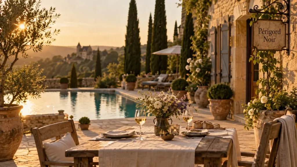 Hotel luxe perigord noir : terrasse et piscine en pierre, Périgord Noir