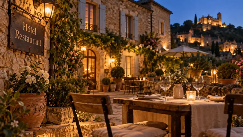 Hotel restaurant de charme perigord noir : terrasse et façade à la lumière du soir