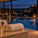 Hotel spa perigord noir : piscine intérieure chauffée et vue vallée de la Dordogne